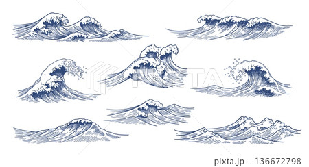 Hand drawn sea waves. Ocean blue water surf wave vintage sketch, tidal foam, storm splashes doodle, nautical outline graphic in Japanese engraving style. Marine retro tattoo vector isolated set Hand drawn sea waves. Ocean blue water surf wave vintage sketch, tidal foam, storm splashes doodle, nautical outline graphic in Japanese engraving style. Marine retro tattoo vector isolated set 136672798