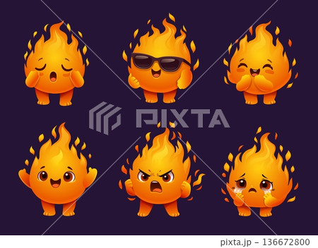 Fire character. Cute cartoon flame mascot with funny face and sparks, cheerful blaze kawaii emoji, sleepy, angry and happy, crying expression. Power, burning and energy, heat chibi vector emoticon 136672800