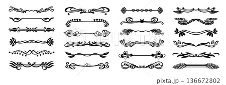 Art nouveau dividers with floral flourishes. Retro borders, baroque heading separators, ornamental book page ornate footer. Decorative art deco vintage frame jugendstil elements isolated vector set 136672802