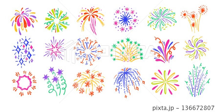 Fireworks burst doodle. Firecracker with sparkle stars and color explosion for holiday celebration, Diwali festival and party invitation. Hand drawn bright pyrotechnic, confetti isolated vector set 136672807
