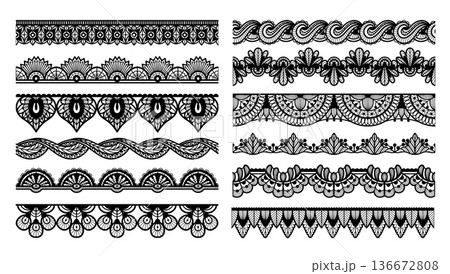 Lace seamless border. Cutwork trim, guipure swirls for vintage wedding invitation card dividers and textile craft, laser cut fabric. Decorative lace patterns, retro henna flourishes vector set 136672808