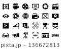 Video icons. Camera shutter, film reel, movie and streaming, clapper symbol, cinema and media content player. Broadcast button, studio light and flash, projector. Video production isolated vector set 136672813