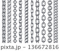 Silver chain seamless borders. Vertical metal links, polished steel pattern brushes for jewelry, marine design. Glossy realistic chains for necklace or bracelet vector dividers isolated set 136672816