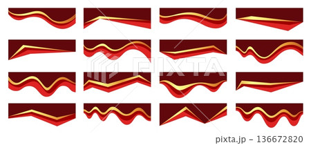 Red gold curved separators, headline with waves for premium banners, wavy header or divider layout. Layered vector abstract element with glossy foil gradient for ornate borders or decorative frame Red gold curved separators, headline with waves for premium banners, wavy header or divider layout. Layered vector abstract element with glossy foil gradient for ornate borders or decorative frame 136672820