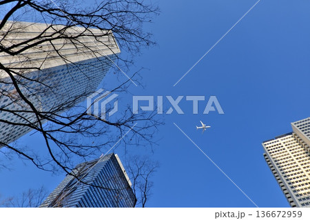 高層ビルに囲まれた都会の空を優雅に飛行する機体のスナップ 136672959