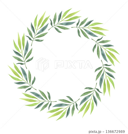 Round watercolor frame with green leaves. Hand-drawn wreath with lush plants in a simple style. Round watercolor frame with green leaves. Hand-drawn wreath with lush plants in a simple style. 136672989