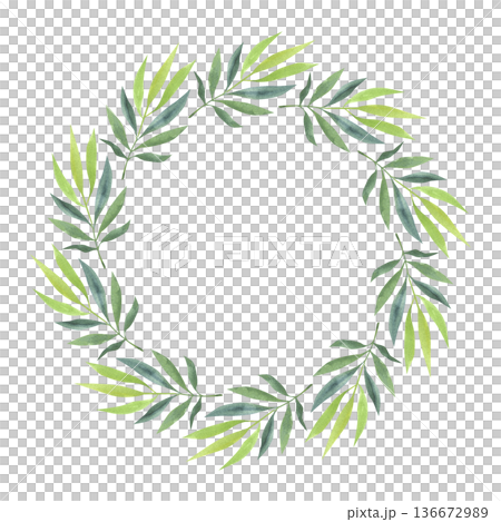 Round watercolor frame with green leaves. Hand-drawn wreath with lush plants in a simple style. Round watercolor frame with green leaves. Hand-drawn wreath with lush plants in a simple style. 136672989