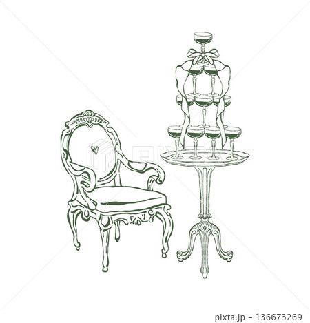 A classic small table with a champagne tower adorned with a whimsical bow. A soft Victorian-style armchair. Vintage wedding illustration. Baroque and Rococo interior. Vector outline drawing. 136673269