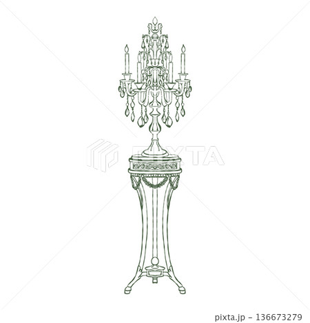 Victorian-style interior. A classic table and candelabra with candles in the Rococo and Baroque styles. Vintage hand-drawn outline illustration of the interior. Victorian-style interior. A classic table and candelabra with candles in the Rococo and Baroque styles. Vintage hand-drawn outline illustration of the interior. 136673279