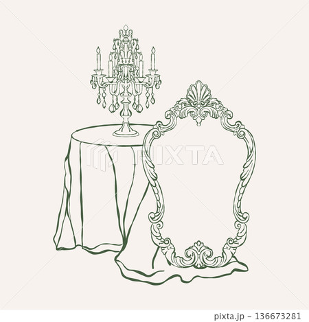 Victorian interior. Classic vintage antique mirror, table with tablecloth, candelabra with candles in the Baroque and Rococo styles. Classic furniture. Vector outline clipart. Retro hand-drawn Victorian interior. Classic vintage antique mirror, table with tablecloth, candelabra with candles in the Baroque and Rococo styles. Classic furniture. Vector outline clipart. Retro hand-drawn 136673281