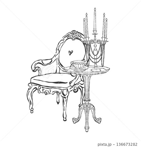 Victorian interior. English tea party. Vintage armchair, table, candelabra with candles, and a teacup in the Rococo and Baroque styles. Hand-drawn vector illustration of the interior. Victorian interior. English tea party. Vintage armchair, table, candelabra with candles, and a teacup in the Rococo and Baroque styles. Hand-drawn vector illustration of the interior. 136673282