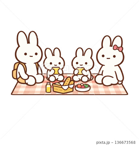 うさぎ家族のピクニックイラスト 公園のファミリーレジャー素材 136673568