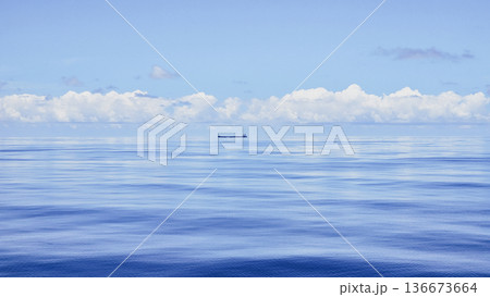 Minimalist serene seascape light blue tones with calm reflective water, subtle ripples, single cargo ship silhouette fluffy cumulus clouds on horizon Minimalist serene seascape light blue tones with calm reflective water, subtle ripples, single cargo ship silhouette fluffy cumulus clouds on horizon 136673664