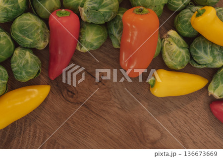 Top view of assorted fresh vegetables forming a border with copy space Top view of assorted fresh vegetables forming a border with copy space 136673669