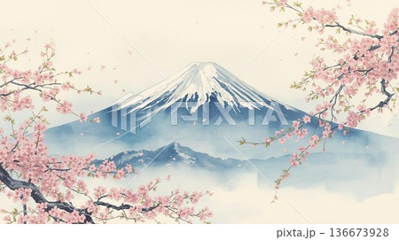 富士山と桜 136673928