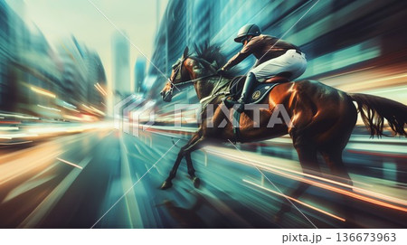 stylish illustration of fast horseman rider and horse at race on modern night city background, equine sport and speed concept, blurred motion 136673963