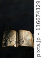 reading eyeglasses lying on open book page in university library or school, intelligence and education, study and learning concept 136674329