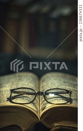 reading eyeglasses lying on open book page in university library or school, intelligence and education, study and learning concept reading eyeglasses lying on open book page in university library or school, intelligence and education, study and learning concept 136674331