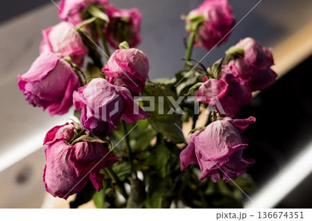 Fading pink roses bouquet with withered leaves 136674351
