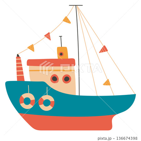 Ship cute drawing. Funny boat toy drawing Ship cute drawing. Funny boat toy drawing 136674398
