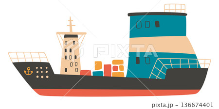 Cargo ship cute drawing. River barge icon 136674401