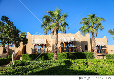 A luxury hotel in an Arabian resort with a green, lush garden and large grounds 136674459
