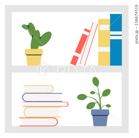Bookcase with houseplants and books. House interior decoration element Bookcase with houseplants and books. House interior decoration element 136674519