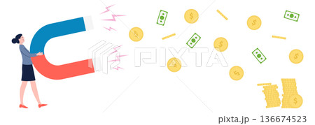 Woman attract money with big magnet. Business power 136674523