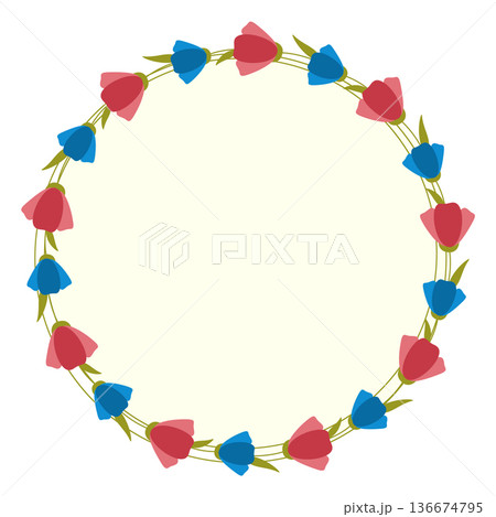 Spring wreath with blue and red flowers isolated on white background. Vector element for design of greeting card, invitation, sale, decoration. 136674795