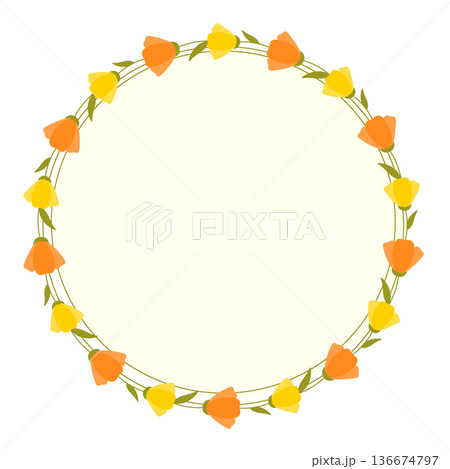 Spring wreath with yellow and orange flowers isolated on white background. Vector element for design of greeting card, invitation, sale, decoration. 136674797