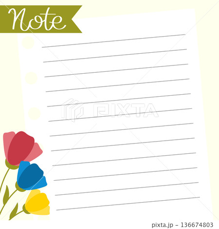 Cute Spring note paper with colorful flowers. Square template for memo, sticker, to do list, diary, home or office. Cute Spring note paper with colorful flowers. Square template for memo, sticker, to do list, diary, home or office. 136674803