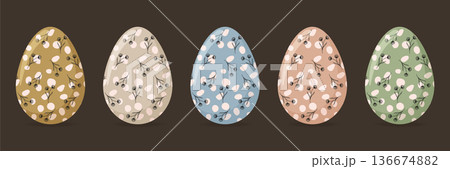Boho Easter eggs set with floral sketches and polka dot pattern vector illustration. Boho Easter eggs set with floral sketches and polka dot pattern vector illustration. 136674882