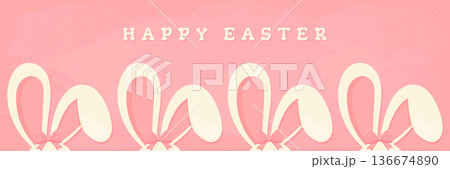 Happy Easter horizontal banner with cute bunny ears and pink bows vector illustration. 136674890