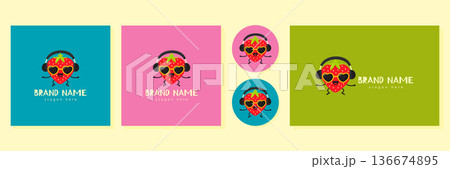 Cool strawberry mascot logo with headphones and sunglasses set vector illustration. 136674895