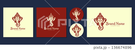 Lord Ganesha elephant god mascot logo set for yoga and wellness brand vector illustration. 136674896