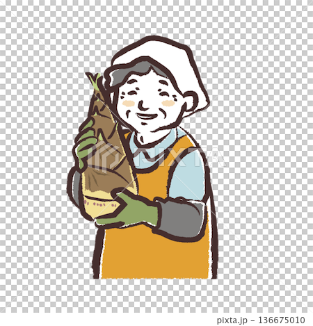 一幅筆觸細膩的插畫，描繪了一位微笑的資深女製片人手持竹筍。 136675010