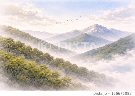 山シリーズ：山の上空を飛ぶ鳥と静かな風景の背景 136675083