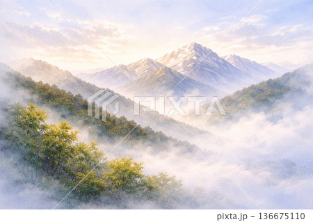 山シリーズ:霧が晴れ山が現れる再生と浄化の風景 山シリーズ:霧が晴れ山が現れる再生と浄化の風景 136675110
