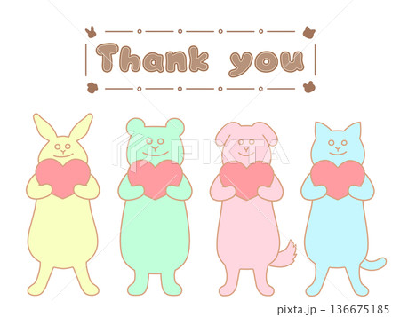 ハートを持ったウサギ・クマ・イヌ・ネコの感謝を伝えるイラスト　Thank you　カラフル 136675185
