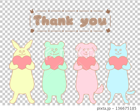 ハートを持ったウサギ・クマ・イヌ・ネコの感謝を伝えるイラスト　Thank you　カラフル 136675185