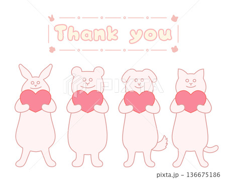 ハートを持ったウサギ・クマ・イヌ・ネコの感謝を伝えるイラスト Thank you ピンク ハートを持ったウサギ・クマ・イヌ・ネコの感謝を伝えるイラスト Thank you ピンク 136675186