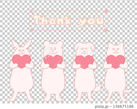 ハートを持ったウサギ・クマ・イヌ・ネコの感謝を伝えるイラスト Thank you ピンク ハートを持ったウサギ・クマ・イヌ・ネコの感謝を伝えるイラスト Thank you ピンク 136675186