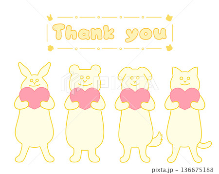 ハートを持ったウサギ・クマ・イヌ・ネコの感謝を伝えるイラスト Thank you 黄色 ハートを持ったウサギ・クマ・イヌ・ネコの感謝を伝えるイラスト Thank you 黄色 136675188