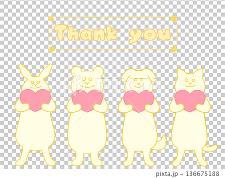 ハートを持ったウサギ・クマ・イヌ・ネコの感謝を伝えるイラスト Thank you 黄色 ハートを持ったウサギ・クマ・イヌ・ネコの感謝を伝えるイラスト Thank you 黄色 136675188