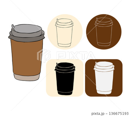 Paper coffee cup takeaway Cafe logotype hand drawn illustration. Vector graphic line ink art. design for fashion graphics, textile prints, fabrics, wallpapers. 136675193