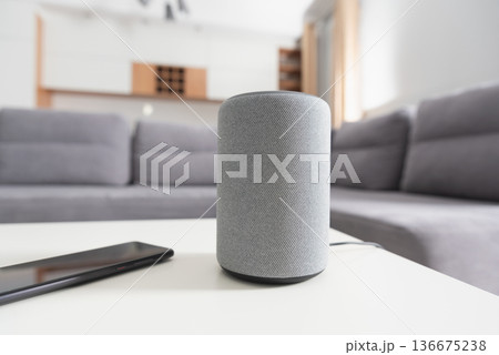 Smart speaker device in living room. Smart home. Smart speaker device in living room. Smart home. 136675238