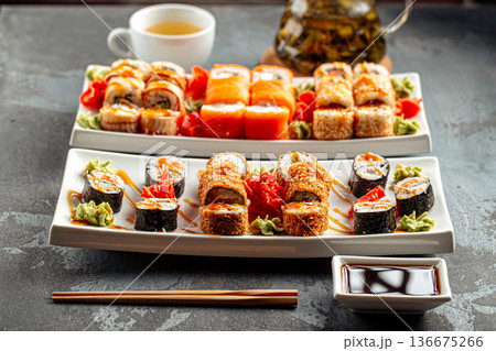 Assorted sushi rolls set with soy sauce Assorted sushi rolls set with soy sauce 136675266