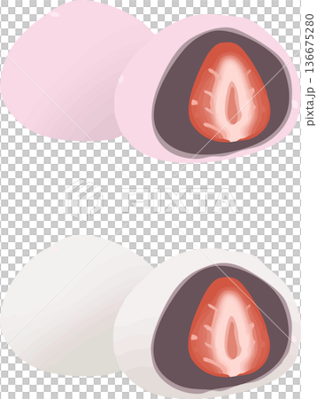 Strawberry Daifuku illustration material - Spring Japanese sweets, cute hand-drawn vector 136675280