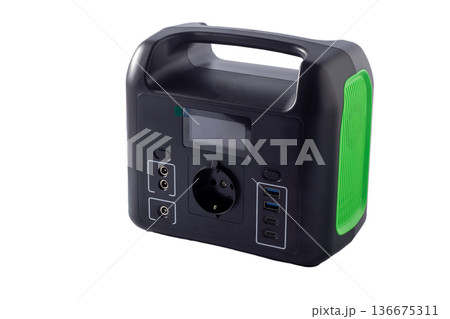 Charging station isolated. A large power bank battery in the absence of electricity. 136675311