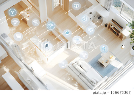 Bright, modern living space showcasing smart home technology with digital icons for devices like Wi-Fi, cameras, and speakers. 136675367
